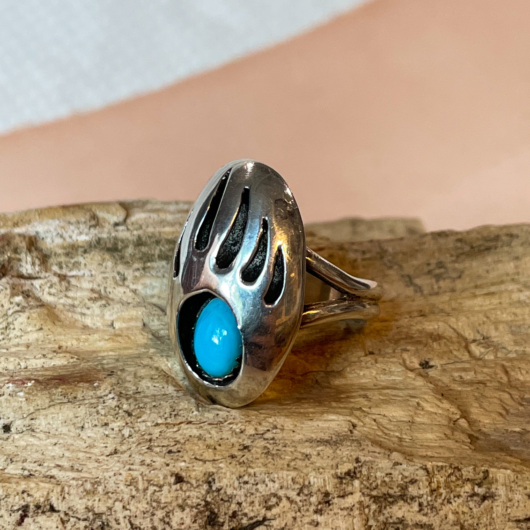 Vintage Navajo Sand Cast Sterling Silver Turquoise Ring 7.5 - Yourgreatfinds