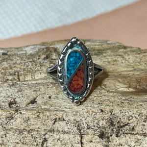 Split Chip Inlay Turquoise and Coral Design Ring