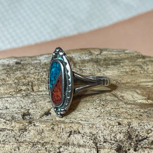 Split Chip Inlay Turquoise and Coral Design Ring
