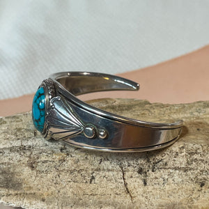 Sterling Silver Cuff with Detail and Center Turquoise Stone